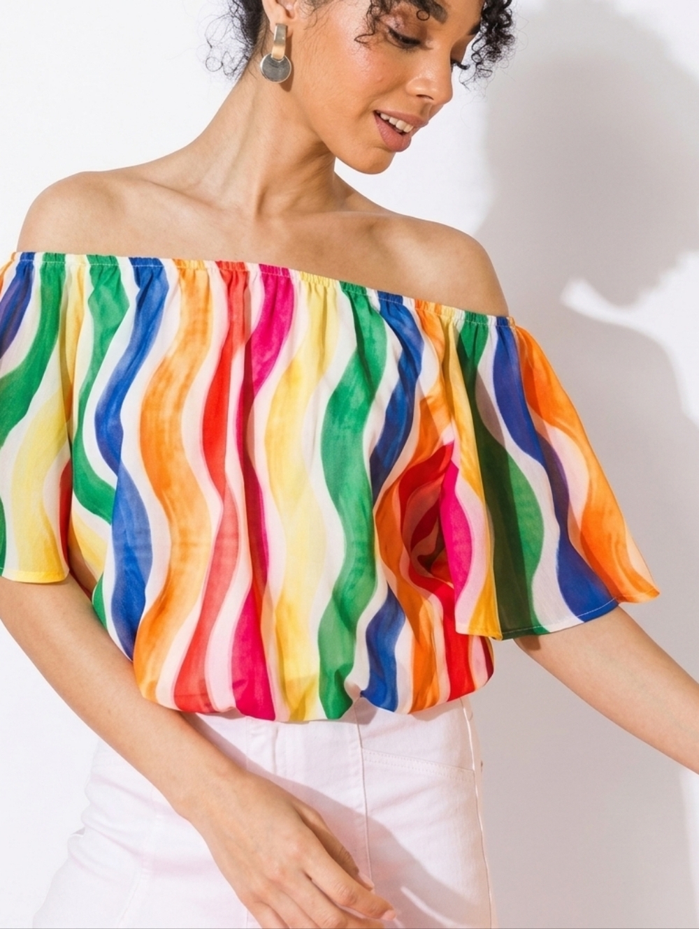 Flying Tomato Multicolor Wavy Off-Shoulder Blouse